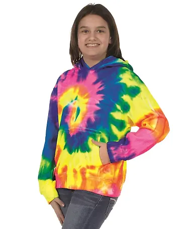 Dyenomite 854BMS Youth Multi-Color Swirl Hooded Sw in Flo rainbow spiral front view