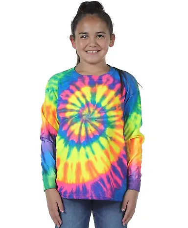Dyenomite 24BMS Youth Spiral Tie Dye Long Sleeve in Fluorescent rainbow spiral front view
