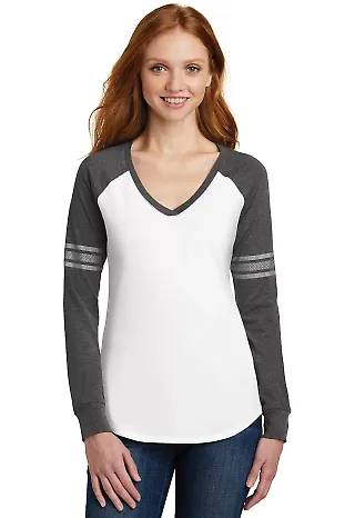 DM477 District Made Ladies Game Long Sleeve V-Neck White/He Char front view