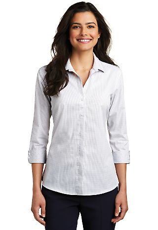 242 LW643 Port Authority Ladies 3/4-Sleeve Micro T in White/dark gry front view