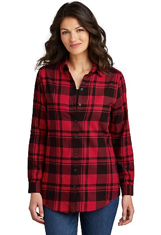 242 LW668 Port Authority Ladies Plaid Flannel Tuni in Engine red/blk front view