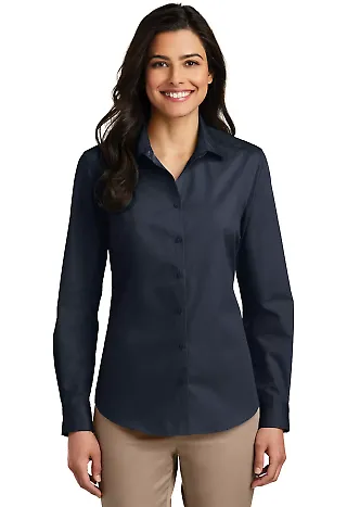 242 LW100 Port Authority Ladies Long Sleeve Carefr River Blue Nvy front view