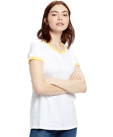 US Blanks US609 Women's Classic Ringer Tee in White/ yellow front view