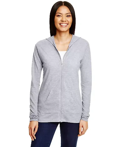 49 6759L Triblend Women's Hooded Full-Zip T-Shirt in Heather grey front view