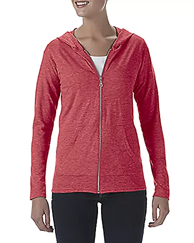 49 6759L Triblend Women's Hooded Full-Zip T-Shirt in Heather red front view