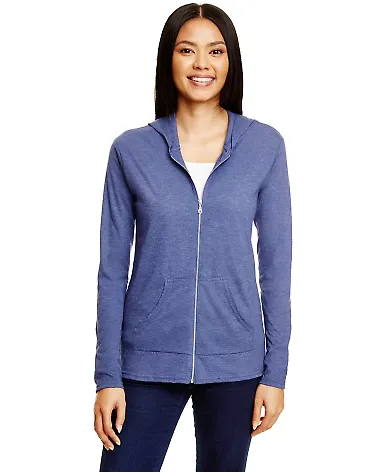 49 6759L Triblend Women's Hooded Full-Zip T-Shirt in Heather blue front view