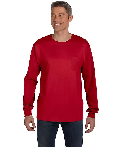 HANES 5596 Tagless Long Sleeve T-Shirt with a Pock Deep Red front view