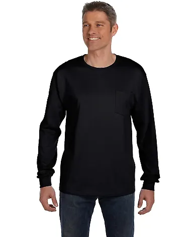 HANES 5596 Tagless Long Sleeve T-Shirt with a Pock Black front view