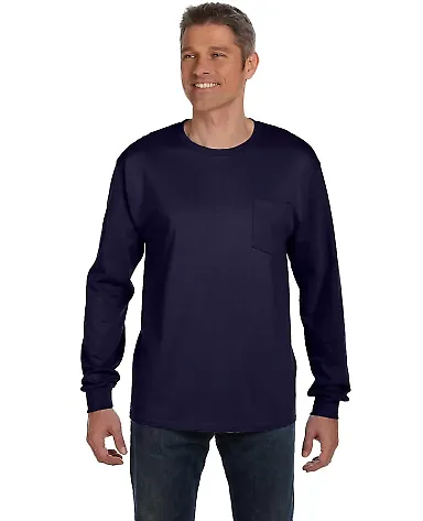 HANES 5596 Tagless Long Sleeve T-Shirt with a Pock Navy front view