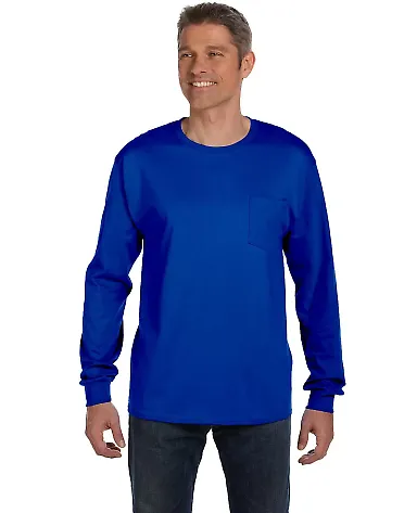 HANES 5596 Tagless Long Sleeve T-Shirt with a Pock Deep Royal front view