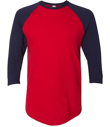 BB453W 50/50 Three-Quarter Sleeve Raglan T-shirt RED/ NAVY front view