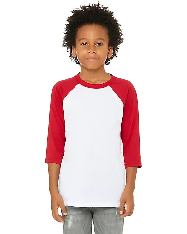 3200Y Bella + Canvas Youth Three-Quarter Sleeve Ba in White/ red front view
