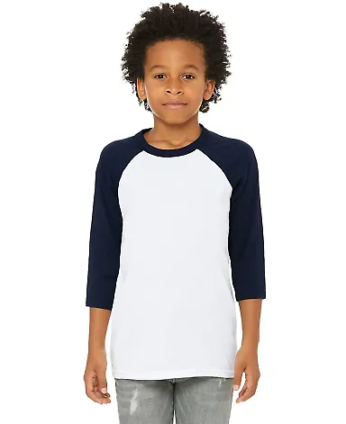 3200Y Bella + Canvas Youth Three-Quarter Sleeve Ba in White/ navy front view