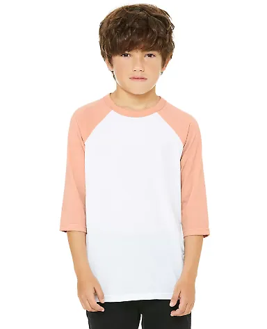3200Y Bella + Canvas Youth Three-Quarter Sleeve Ba in Wht/ hthr peach front view