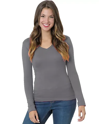 301 3415 Women's Long Sleeve Deep V-Neck Charcoal front view
