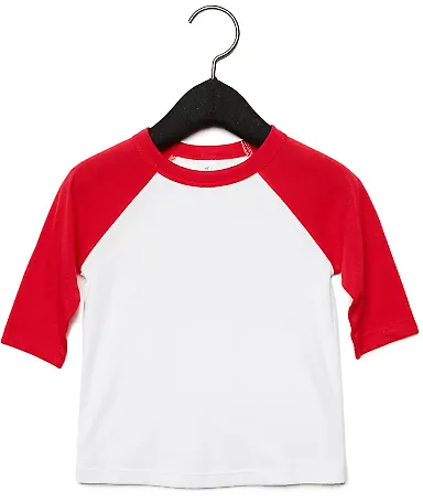 Bella+Canvas 3200T Toddler Three-Quarter Sleeve Ba in White/ red front view