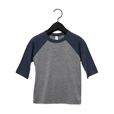 Bella+Canvas 3200T Toddler Three-Quarter Sleeve Ba in Grey/ navy trb front view