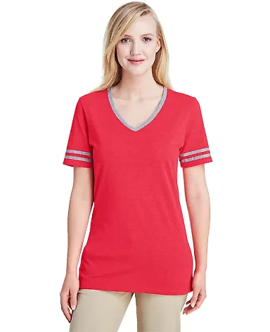 Jerzees 602WVR Triblend Women's V-Neck Varsity T-S Fiery Red Heather/ Oxford front view