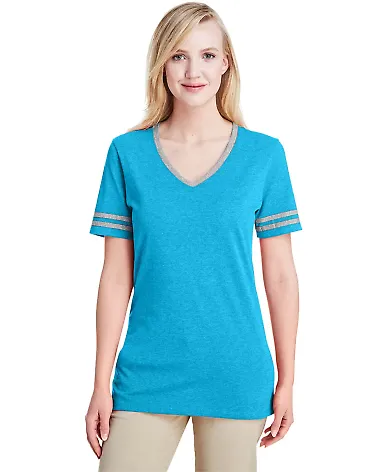 Jerzees 602WVR Triblend Women's V-Neck Varsity T-S Caribbean Blue/ Oxford front view