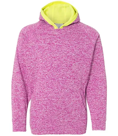 J America 8610 Youth Cosmic Fleece Hooded Pullover Magenta/ Neon Yellow front view