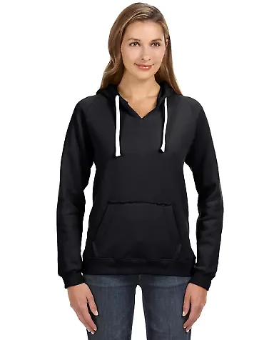 J America 8836 Women's Sueded V-Neck Hooded Sweats in Black front view