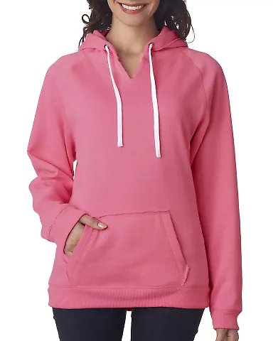 J America 8836 Women's Sueded V-Neck Hooded Sweats in Neon pink front view