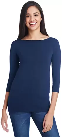 Anvil 2455L Women's Stretch Three-Quarter Sleeve T in Navy front view