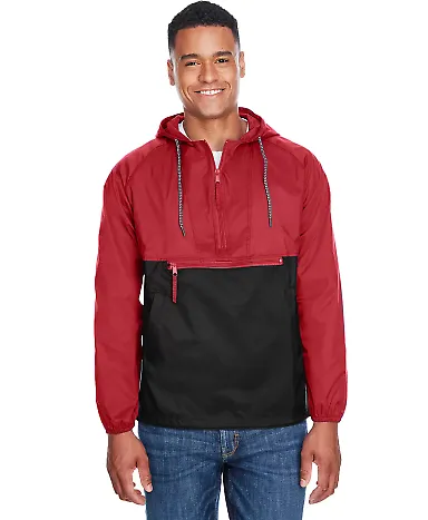 Harriton M750 Adult Packable Nylon Jacket RED/ BLACK front view