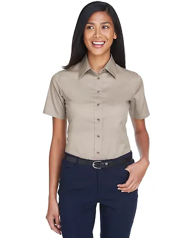 Harriton M500SW Ladies' Easy Blend™ Short-Sleeve STONE front view