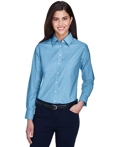 Harriton M600W Ladies' Long-Sleeve Oxford with Sta LIGHT BLUE front view