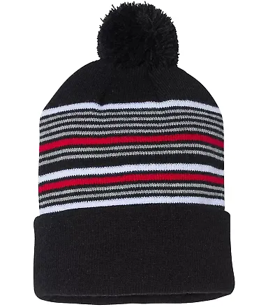 Sportsman SP60 12" Striped Pom-Pom Knit Cap Black/ White/ Grey/ Red front view