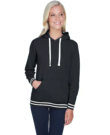 J America 8651 Relay Women's Hooded Pullover Sweat in Black front view