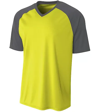 A4 Apparel N3373 Adult Polyester V-Neck Strike Jer SFTY YELLW/ GRPH front view
