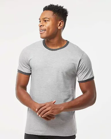 Tultex 246 / Unisex Fine Jersey Ringer Tee in Heather grey/ heather charcoal front view
