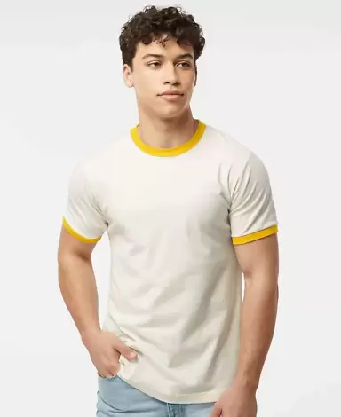 Tultex 246 / Unisex Fine Jersey Ringer Tee in Vintage white/ mellow yellow front view