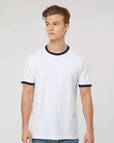 Tultex 246 / Unisex Fine Jersey Ringer Tee in White/ navy front view