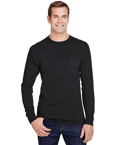 Hanes W120 Workwear Long Sleeve Pocket T-Shirt Black front view