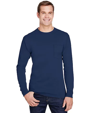 Hanes W120 Workwear Long Sleeve Pocket T-Shirt Navy front view