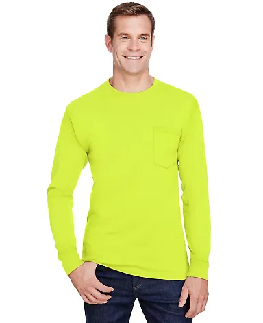Hanes W120 Workwear Long Sleeve Pocket T-Shirt Safety Green front view