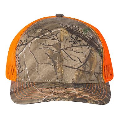 Richardson Hats 112P Patterned Snapback Trucker Ca in Realtree edge/ neon orange front view