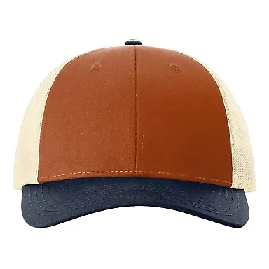 Richardson Hats 115 Low Pro Trucker Cap in Dark orange/ birch/ patriot blue front view