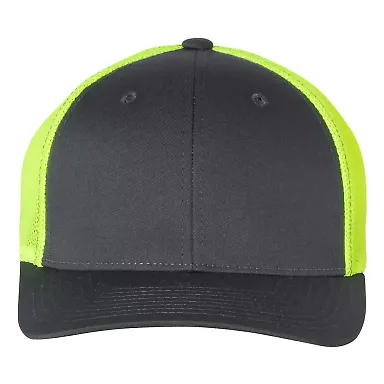 Richardson 110 Fitted Trucker Hat with R-Flex in Charcoal/ neon yellow front view