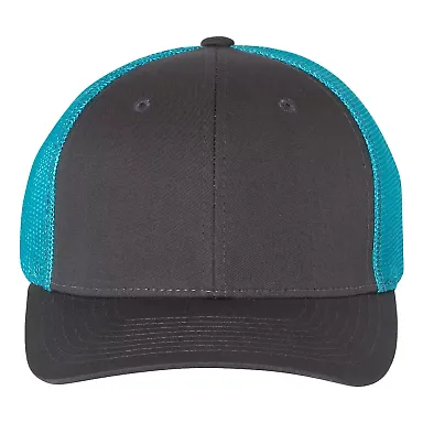 Richardson 110 Fitted Trucker Hat with R-Flex in Charcoal/ neon blue front view
