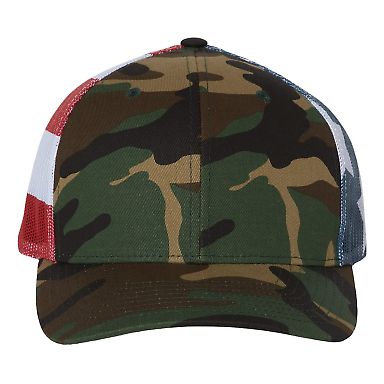 Richardson Hats 112PM Printed Mesh-Back Trucker Ca in Green camo/ stars & stripes front view