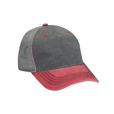Pigment-Dyed Twill & Mesh 5 Panel Trucker Cap CHRCL/ RED/ GRY front view