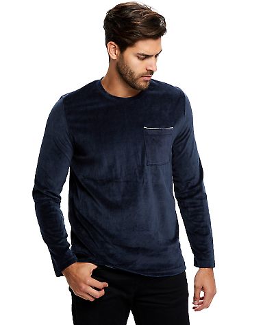 Unisex Velour Long Sleeve Pocket T-Shirt in Navy blue front view