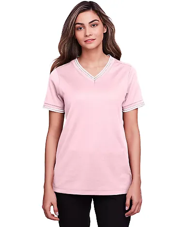 Devon and Jones DG20CW Ladies' CrownLux Performanc PINK/ WHITE front view