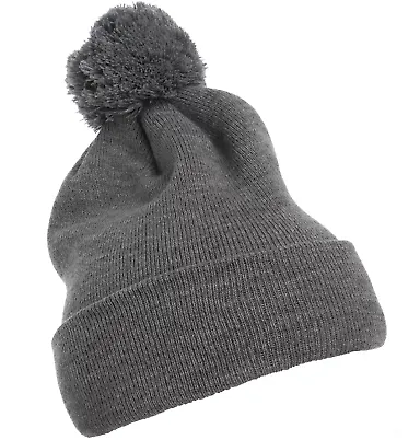 Yupoong-Flex Fit 1501P Cuffed Knit Beanie with Pom in Heather grey front view