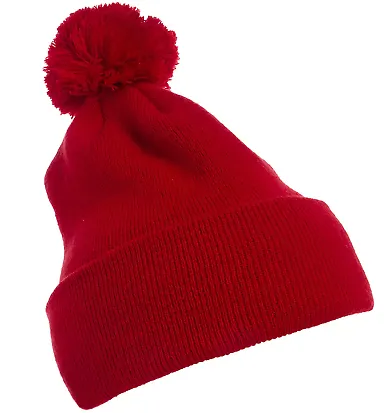 Yupoong-Flex Fit 1501P Cuffed Knit Beanie with Pom in Red front view