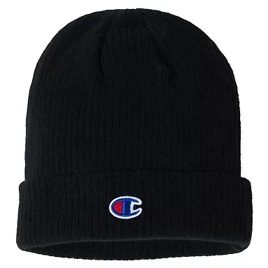 Champion Clothing CS4003 Ribbed Knit Cap in Black front view